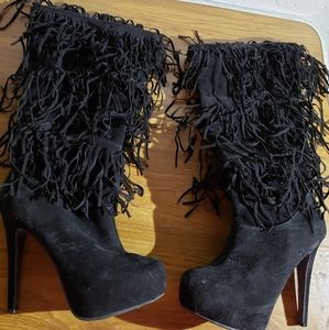Ruffle Fringe Knee High Heeled Boots NWT